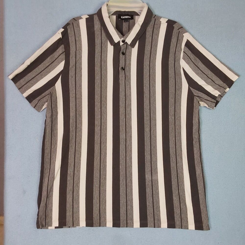 Express Men’s XL Striped Polo Shirt Black/Gray/White Cotton Modal Spandex Blend
